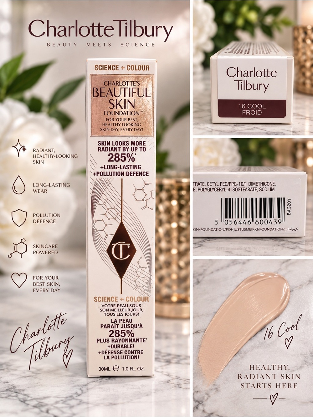 Charlotte Tilbury Beautiful Skin Foundation 16 Cool Full Size 30ml